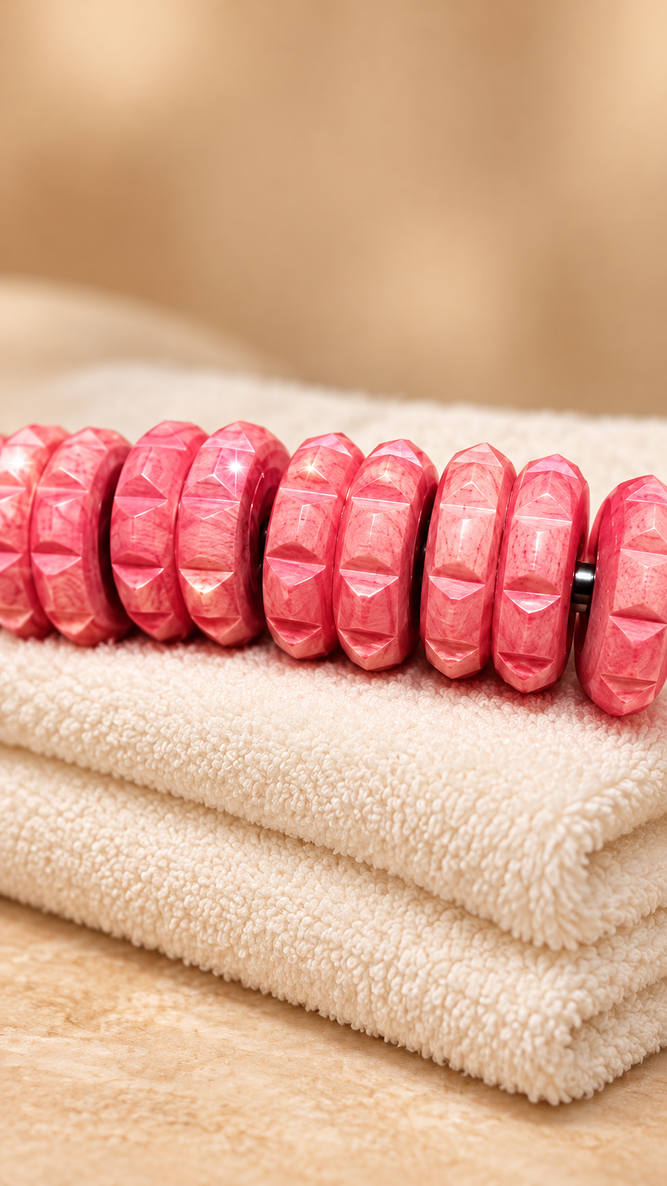 Rosafarbenes Madero-Massagewerkzeug auf gefalteten Handtüchern